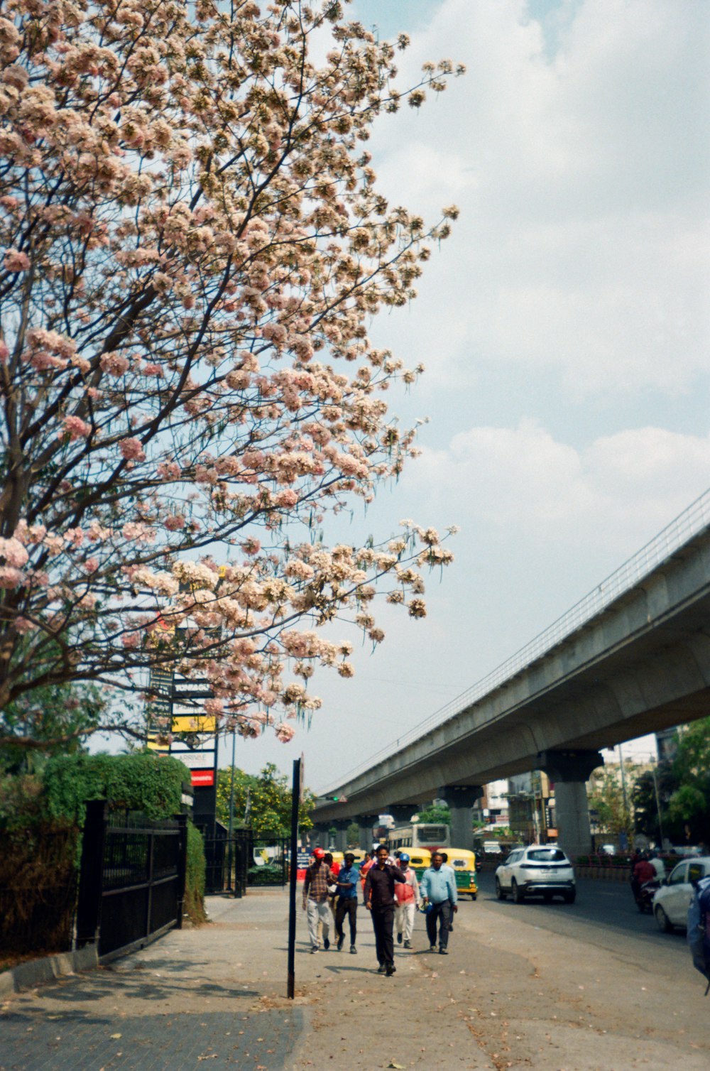 a group of people walking down a street under a bridge