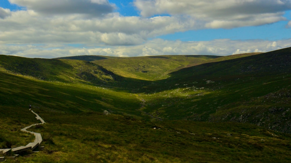 a winding road in the middle of a lush green valley