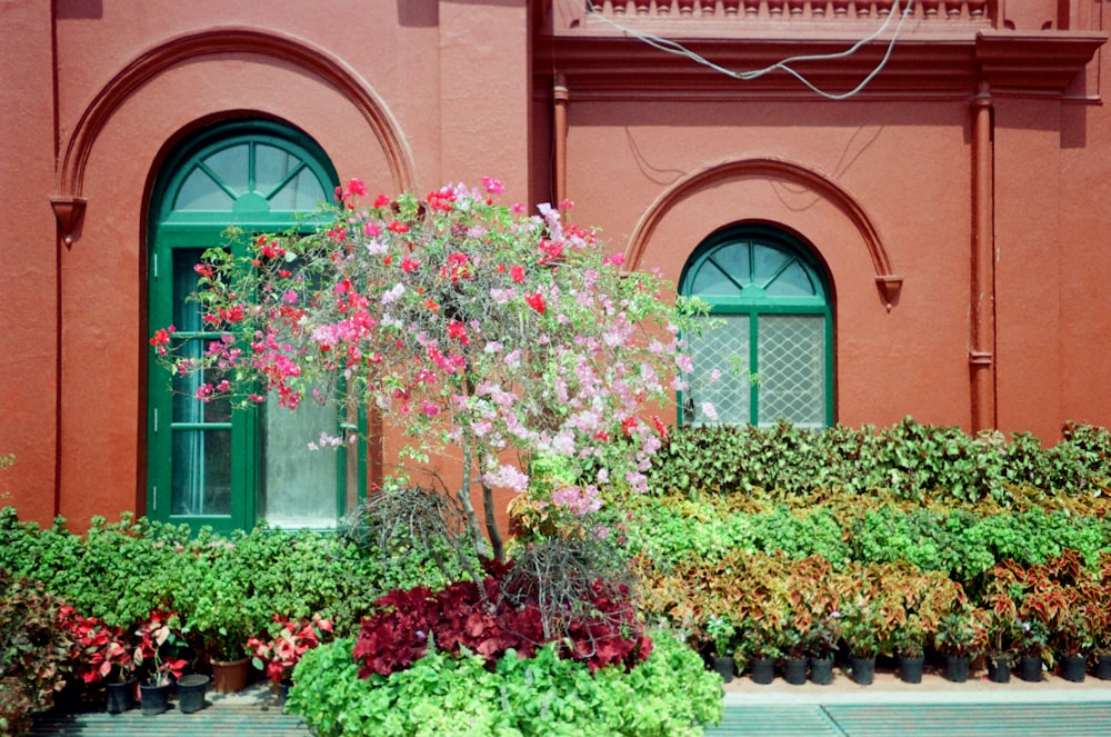 a planter filled with lots of flowers next to a building