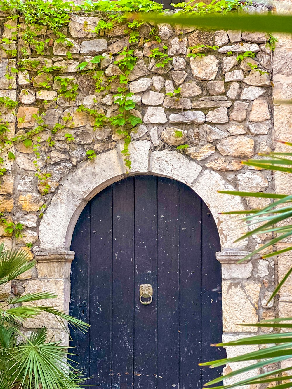 a stone building with a blue door surrounded by greenery
