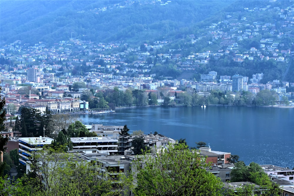 Una veduta di una città con un lago in primo piano