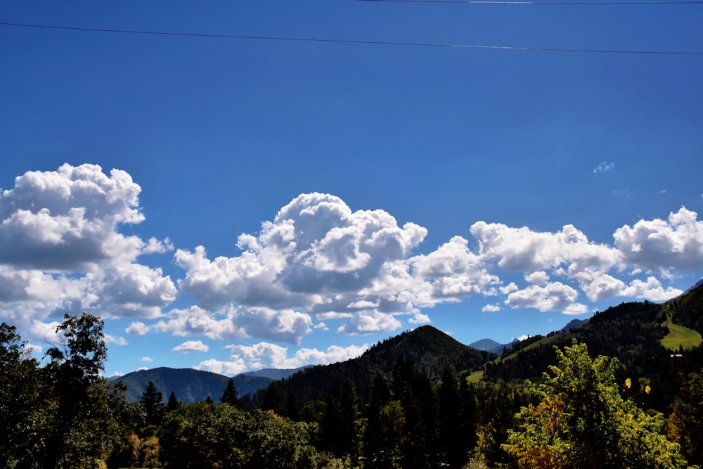 a blue sky with white clouds and some trees