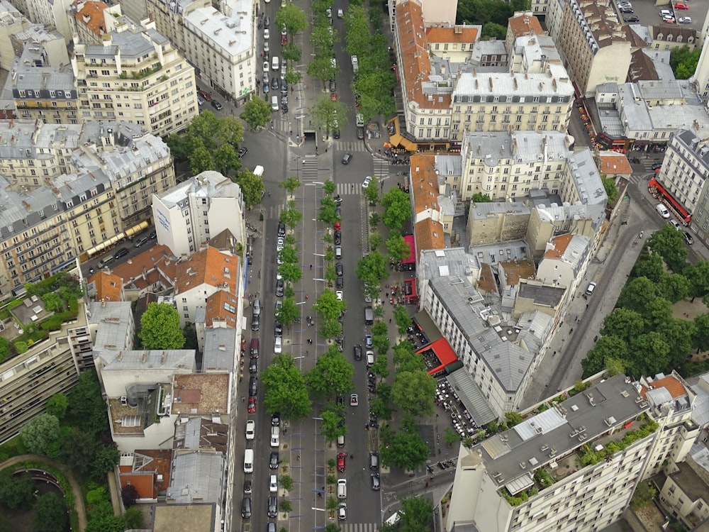 an aerial view of a street in a city