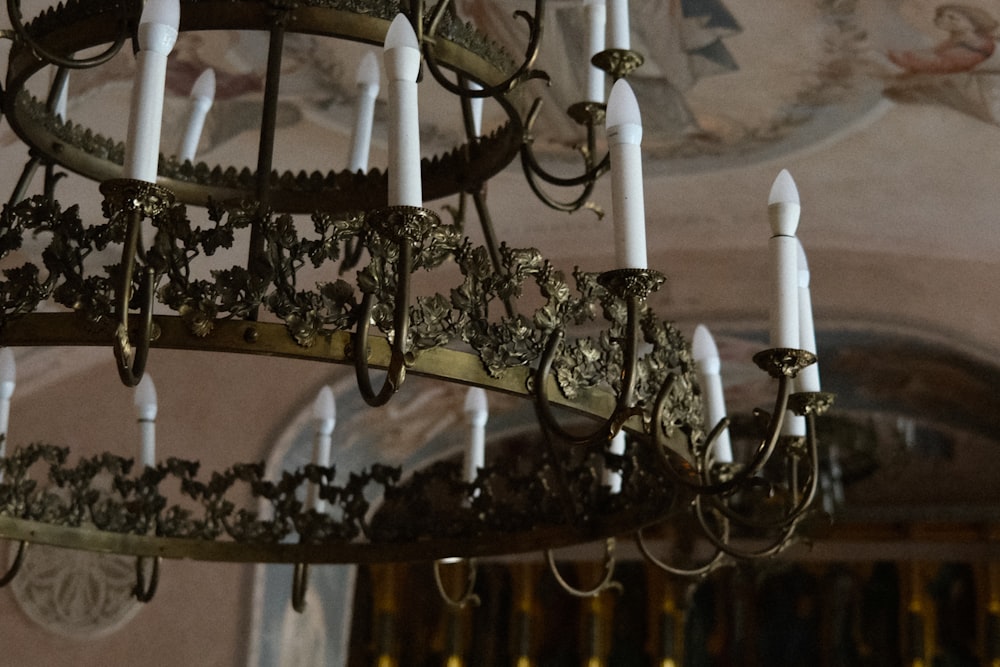 a chandelier hanging from a ceiling in a building