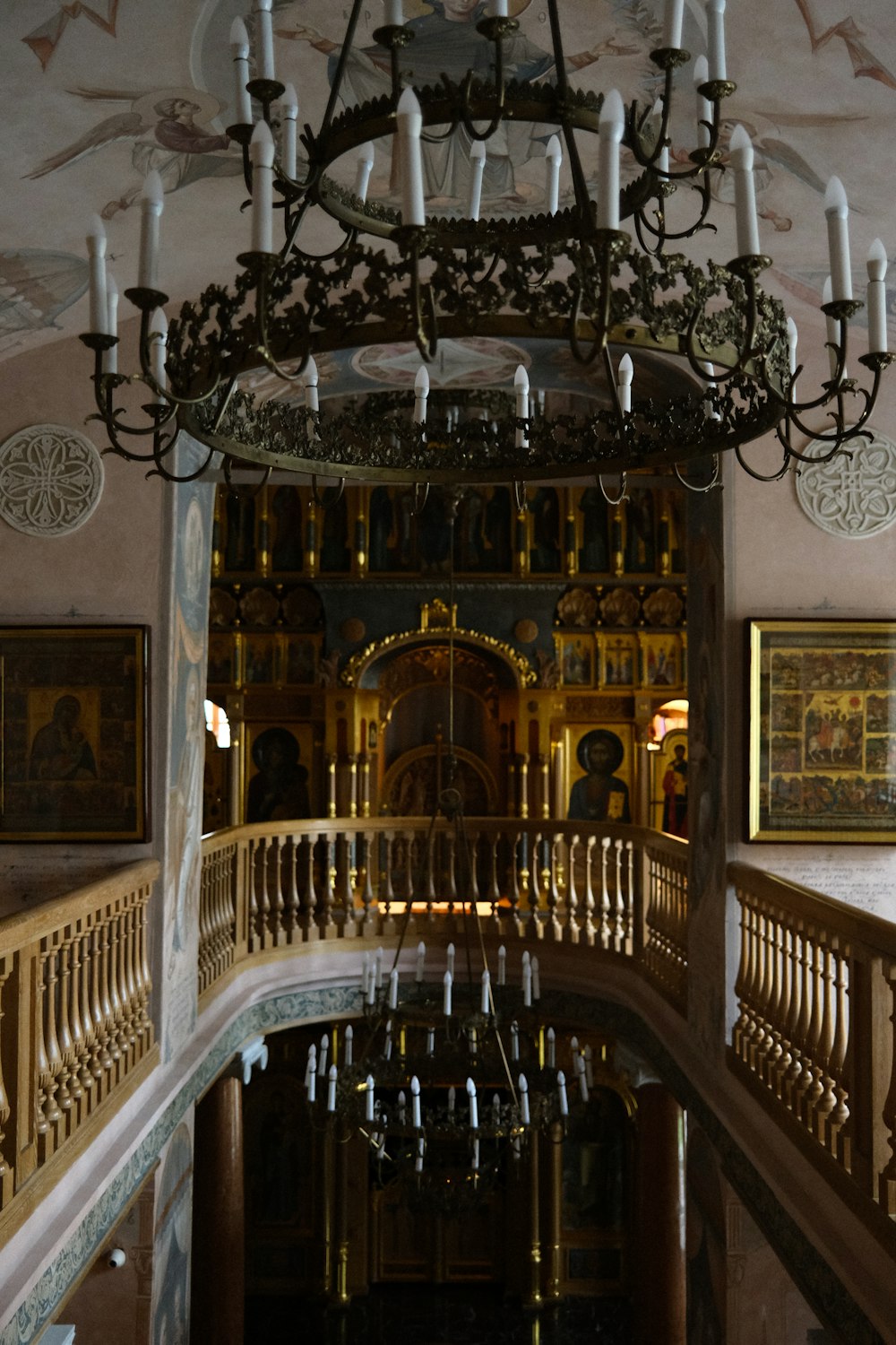 a chandelier hanging from the ceiling of a building