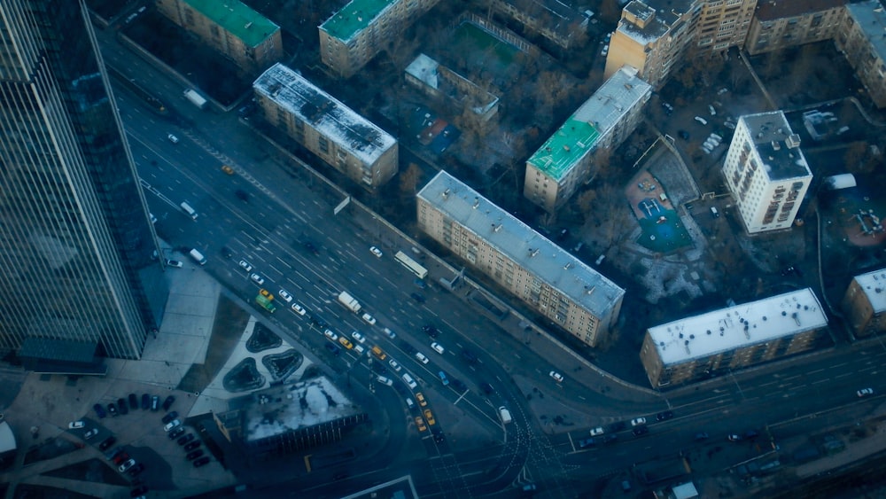 an aerial view of a city street and buildings