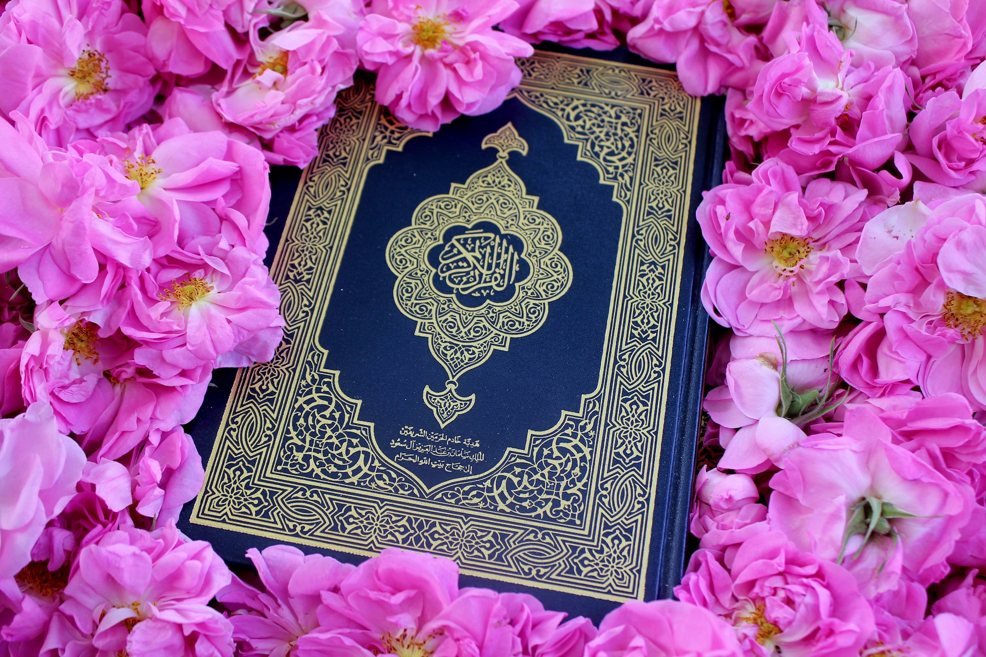 a blue and gold book surrounded by pink flowers