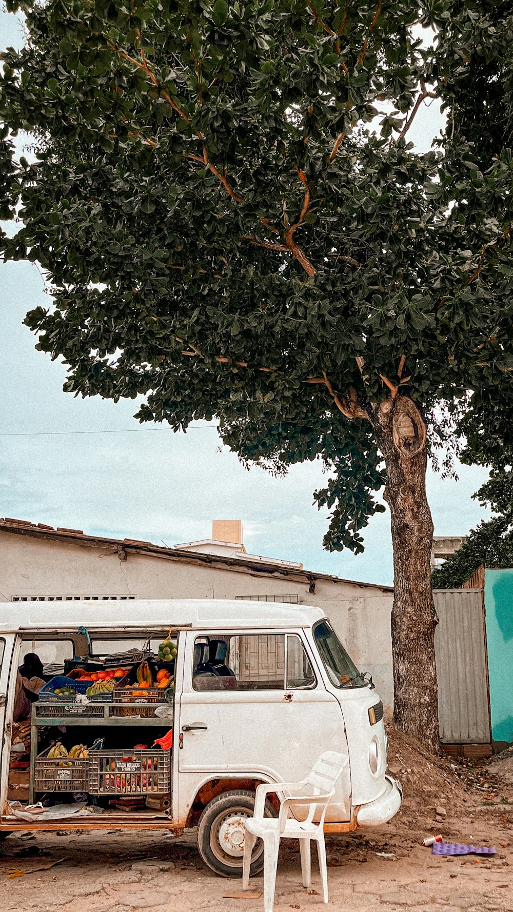 a white van parked next to a tree