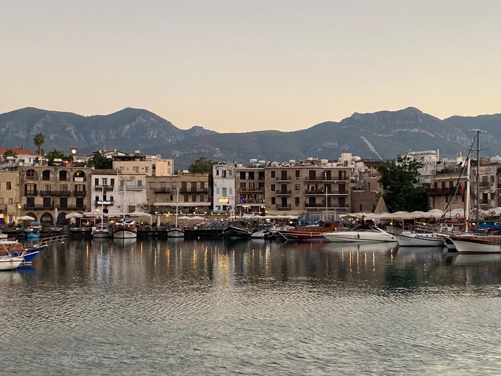 a harbor filled with lots of boats next to tall buildings