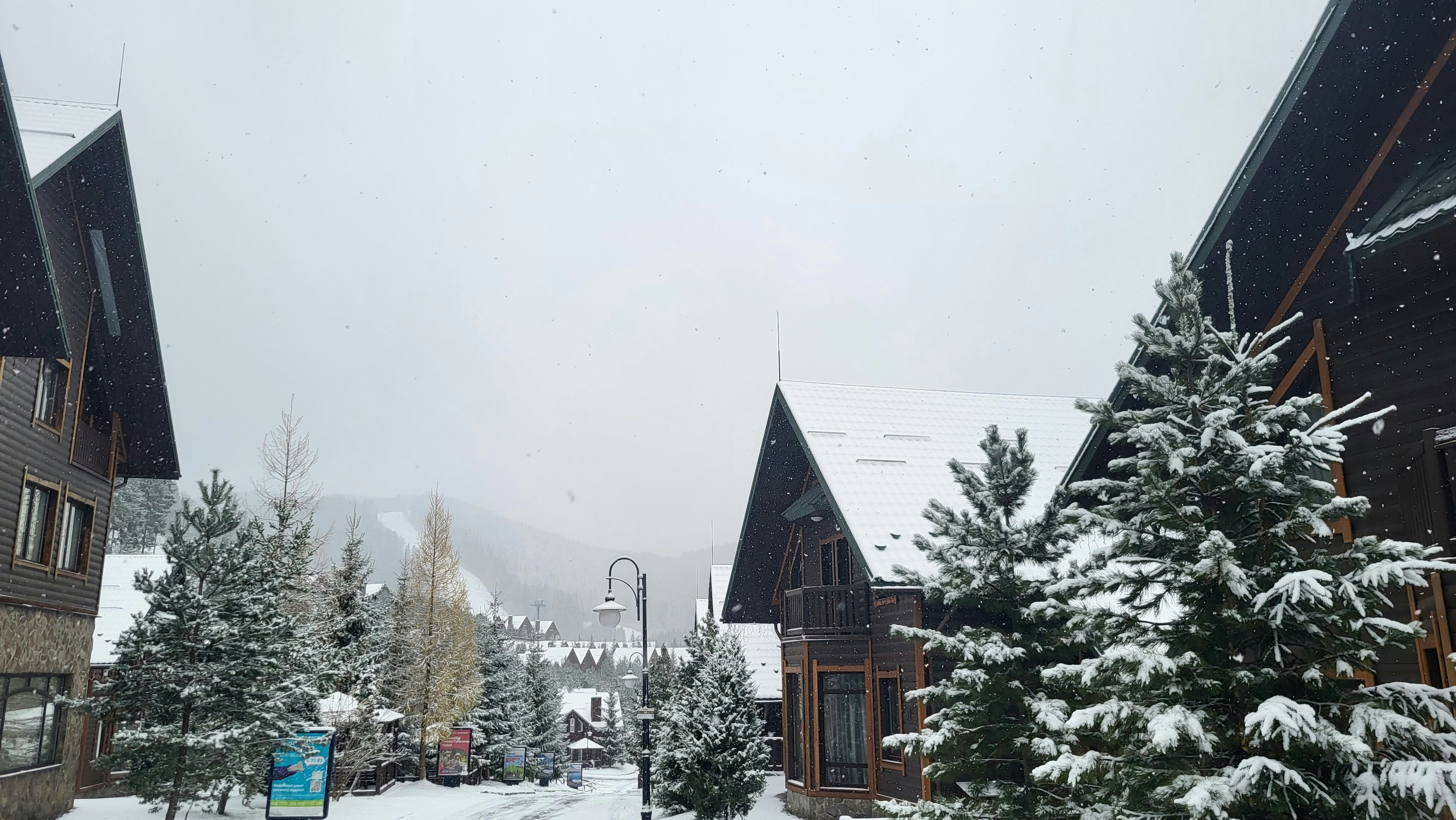 Snow-covered mountain village with pine trees and winter landscape