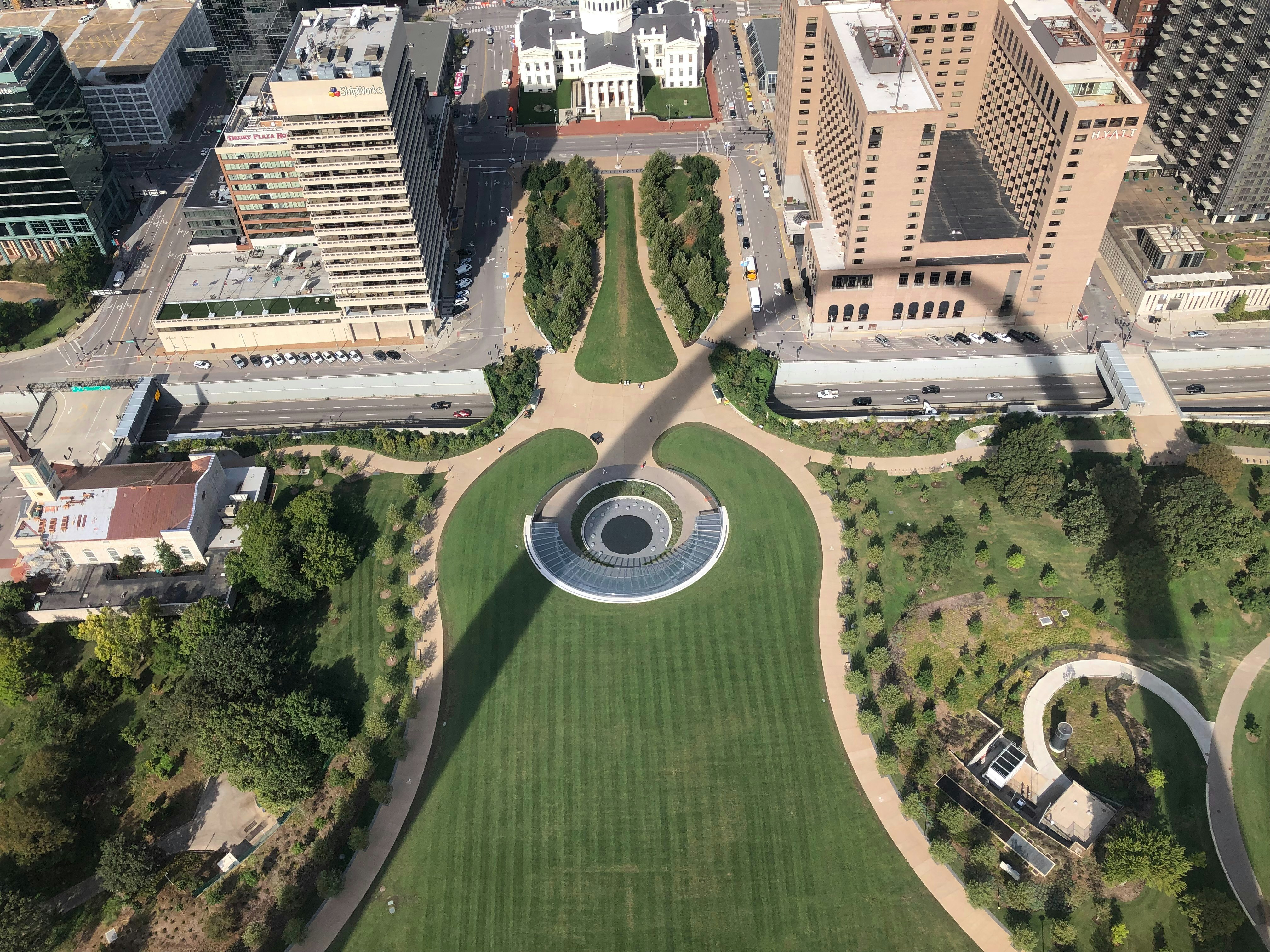 an aerial view of a park in a city