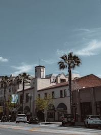 a city street with palm trees and a clock tower