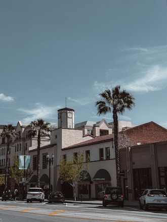 a city street with palm trees and a clock tower