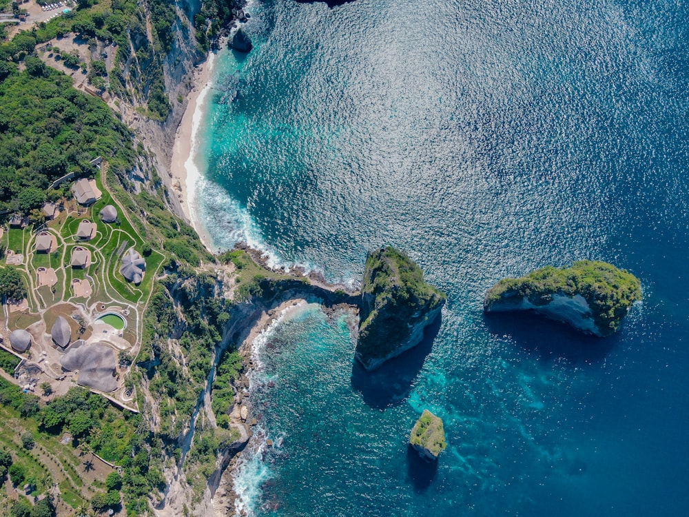 an aerial view of an island in the middle of the ocean