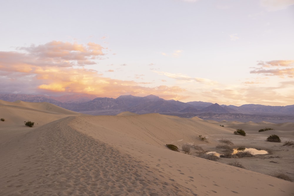 a desert with sand dunes and mountains in the background