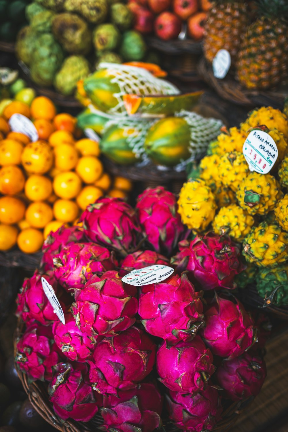 a bunch of fruit that are on a table