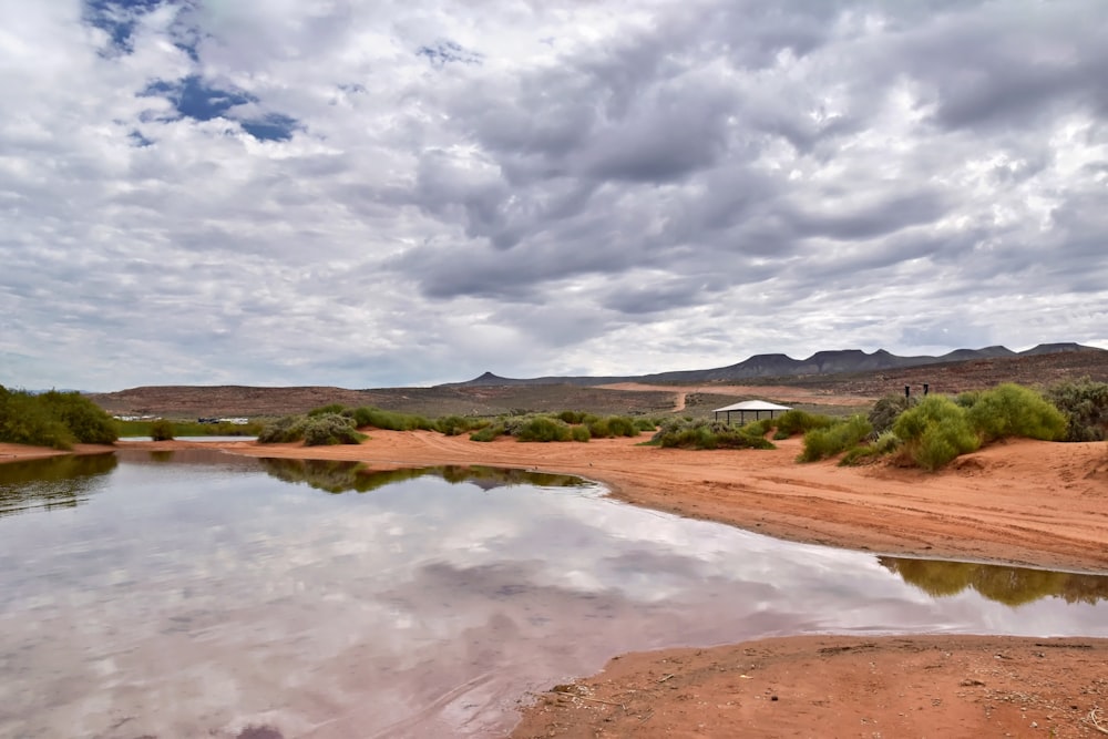 a body of water sitting in the middle of a desert