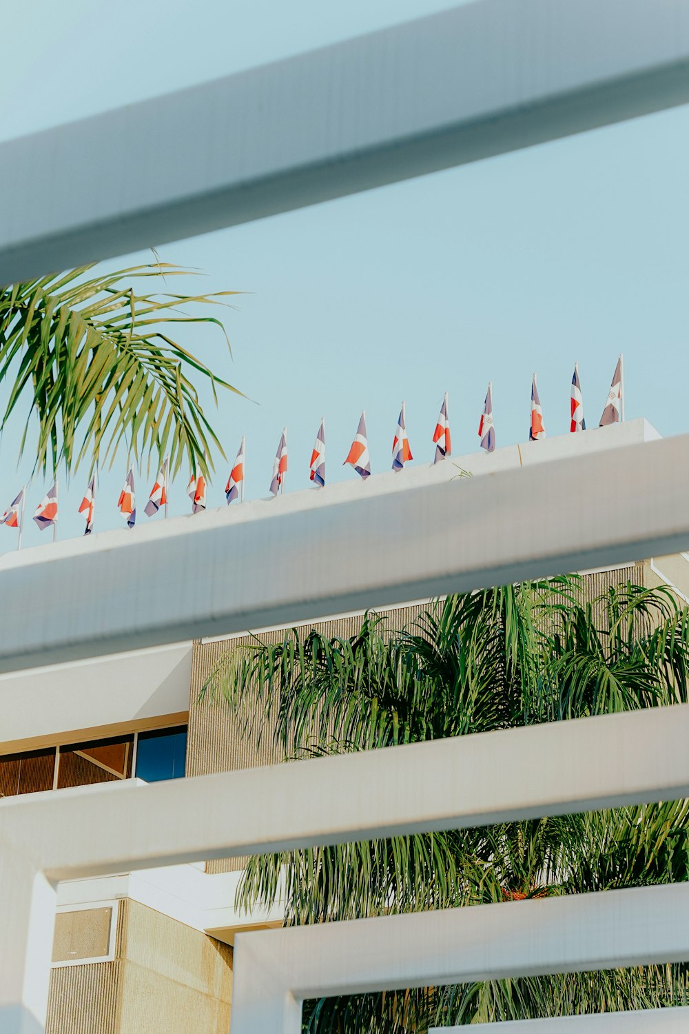 a bunch of flags that are on top of a building