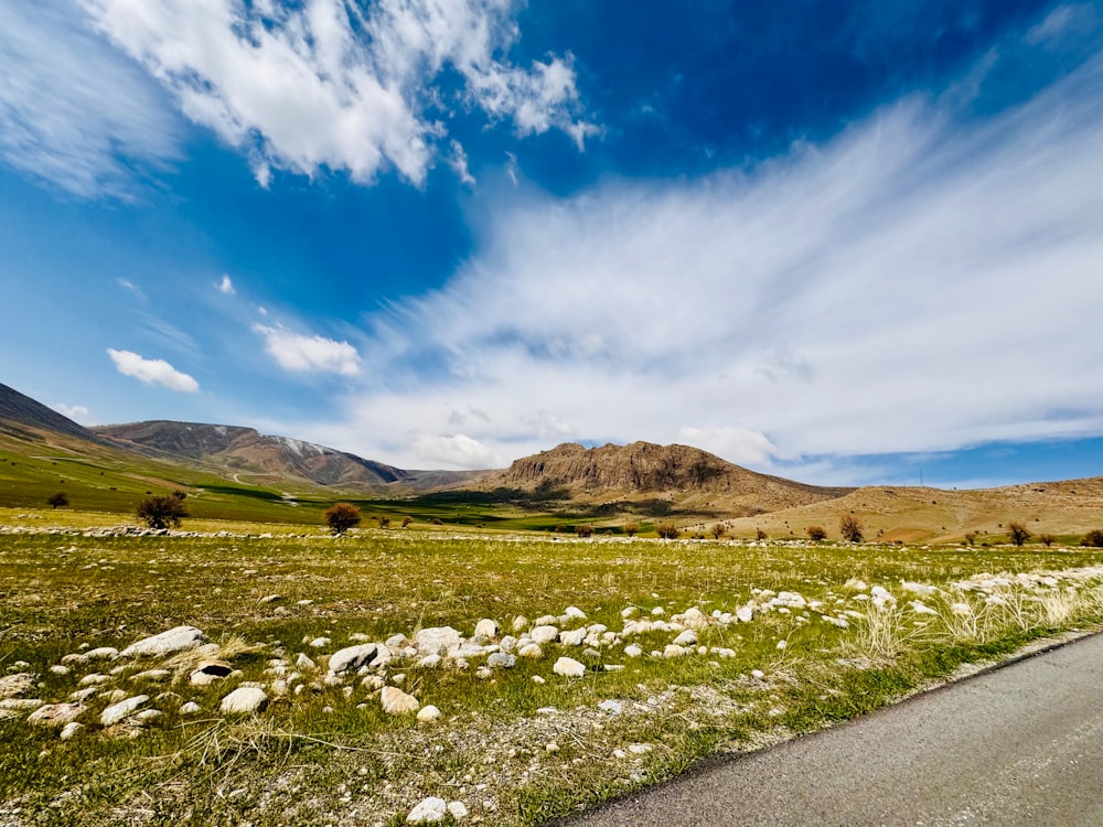 a scenic view of a mountain range and a road