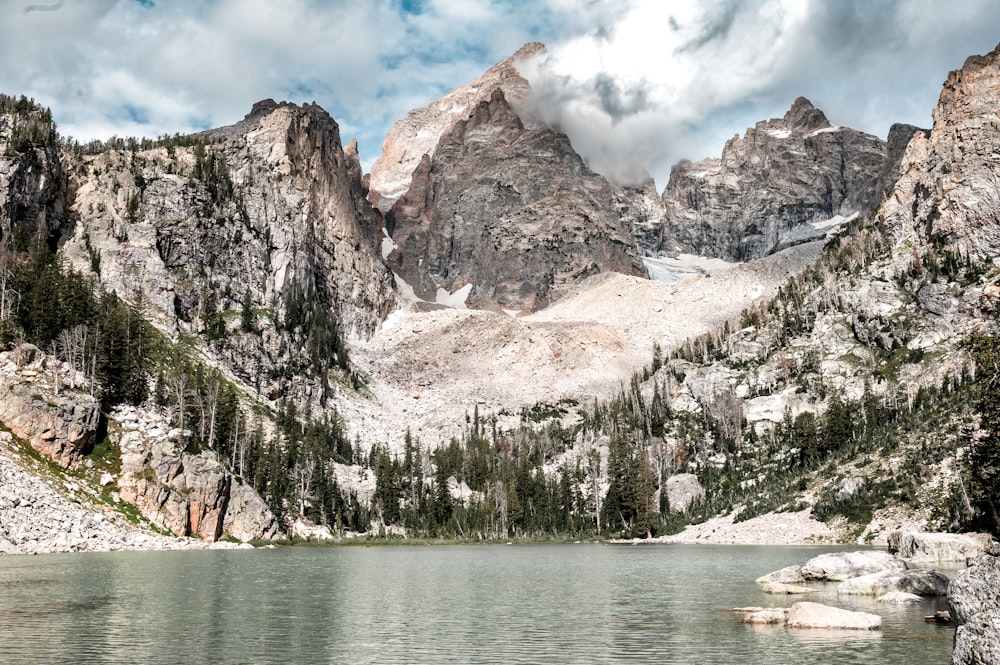 a lake surrounded by mountains under a cloudy sky