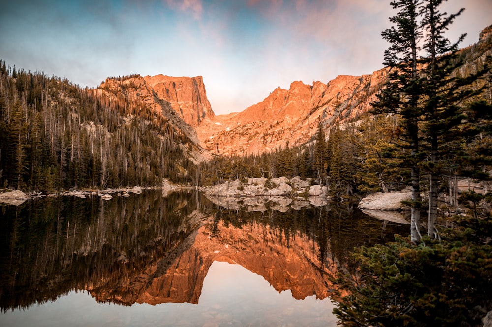 a mountain lake surrounded by trees and a forest