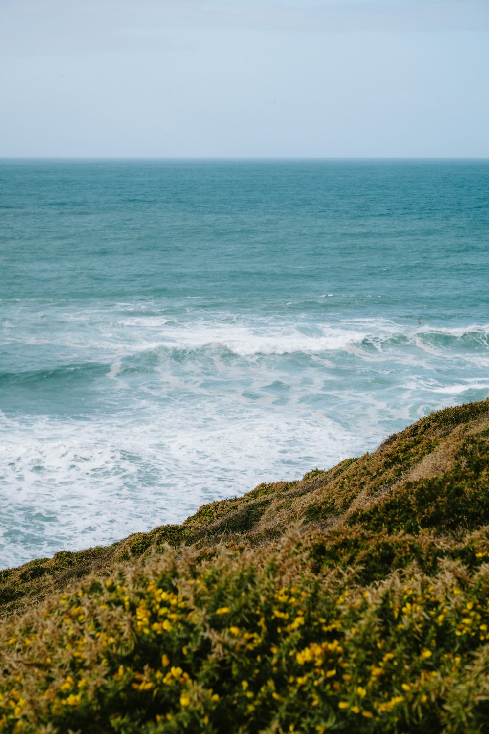 a person standing on top of a hill near the ocean