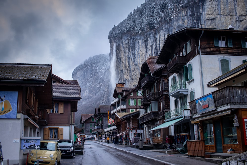 a street with a mountain in the background