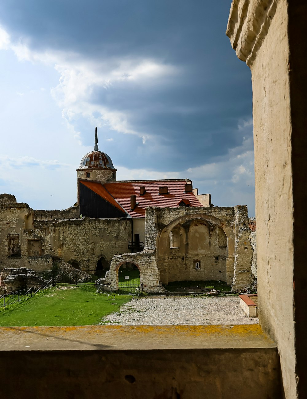 a view of a castle through a window