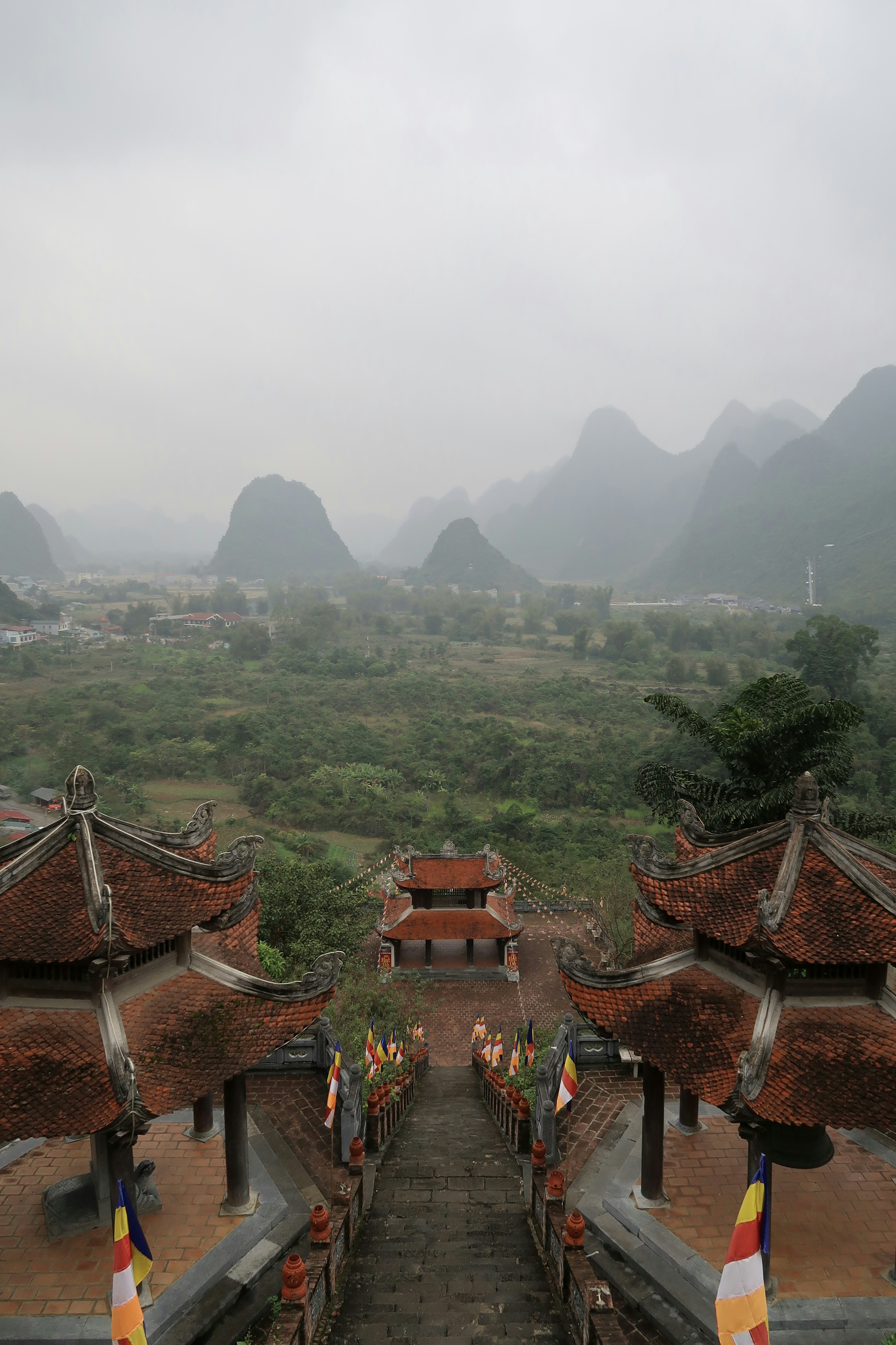 a view of a village with mountains in the background