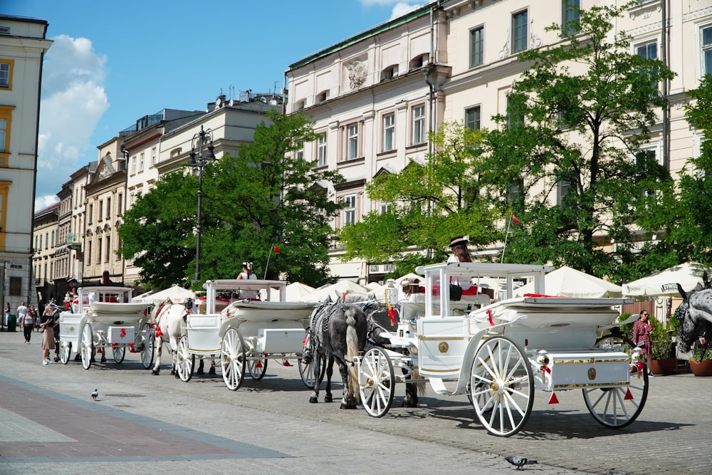 a line of horse drawn carriages on a city street