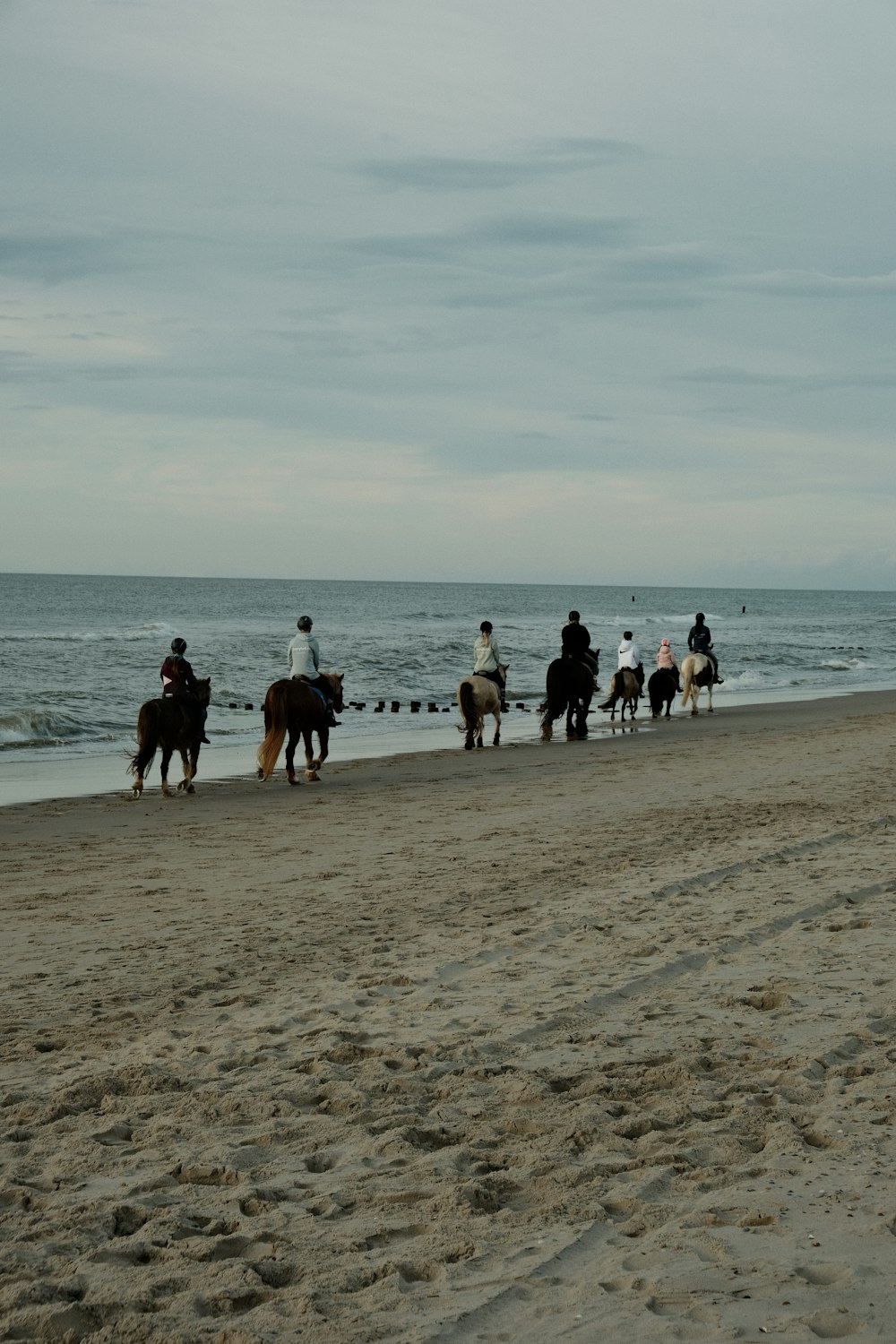 a group of people riding horses on a beach