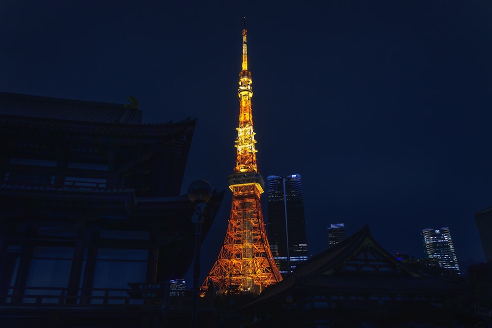 the eiffel tower is lit up at night