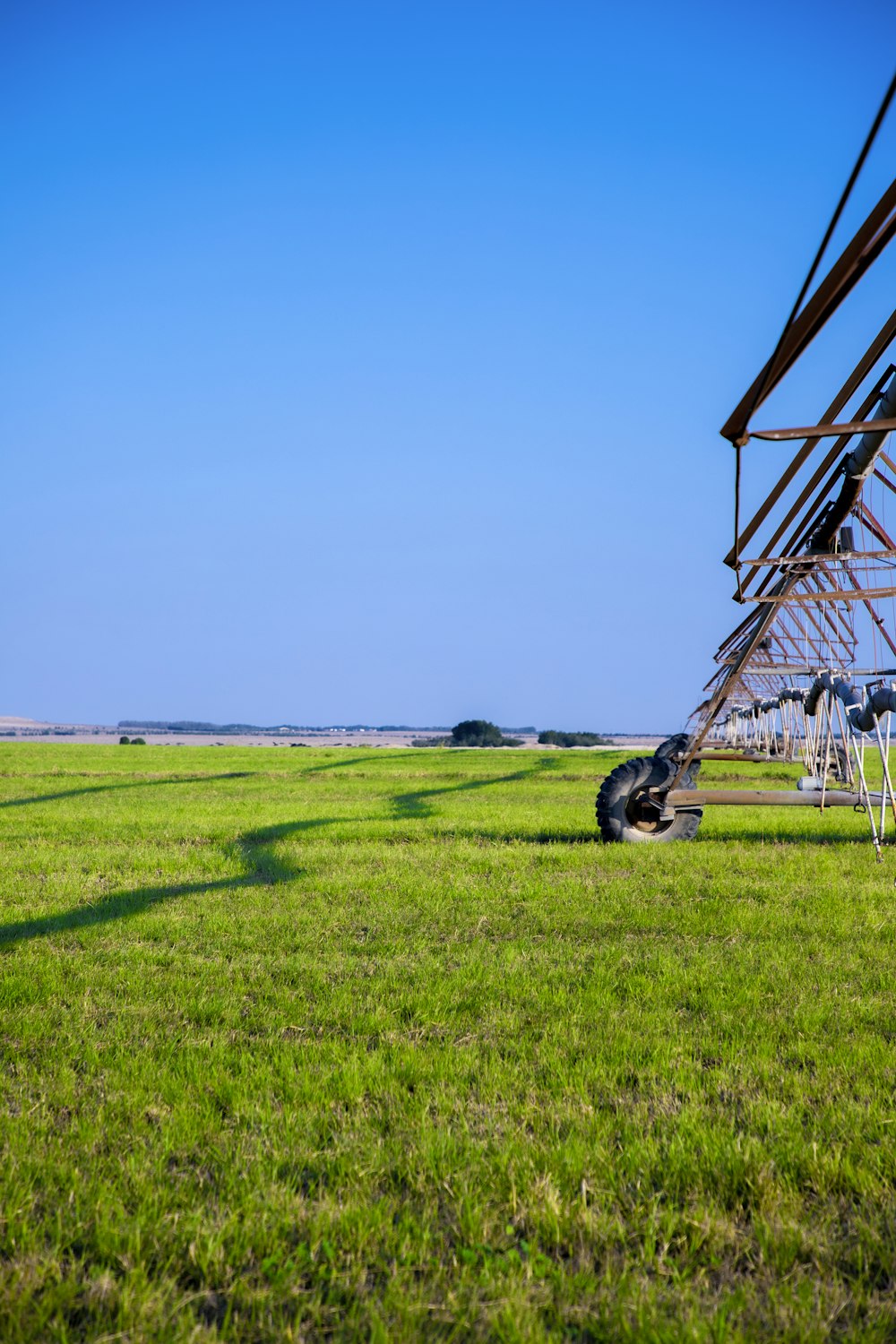 a large metal structure sitting on top of a lush green field