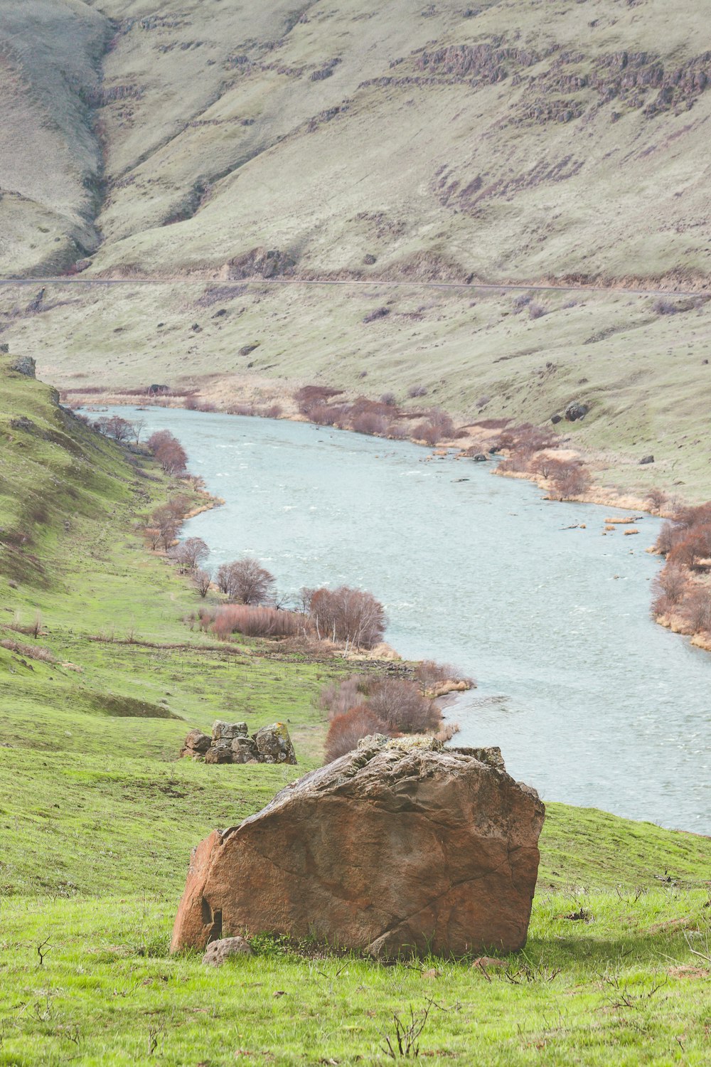 a large rock sitting on top of a lush green hillside