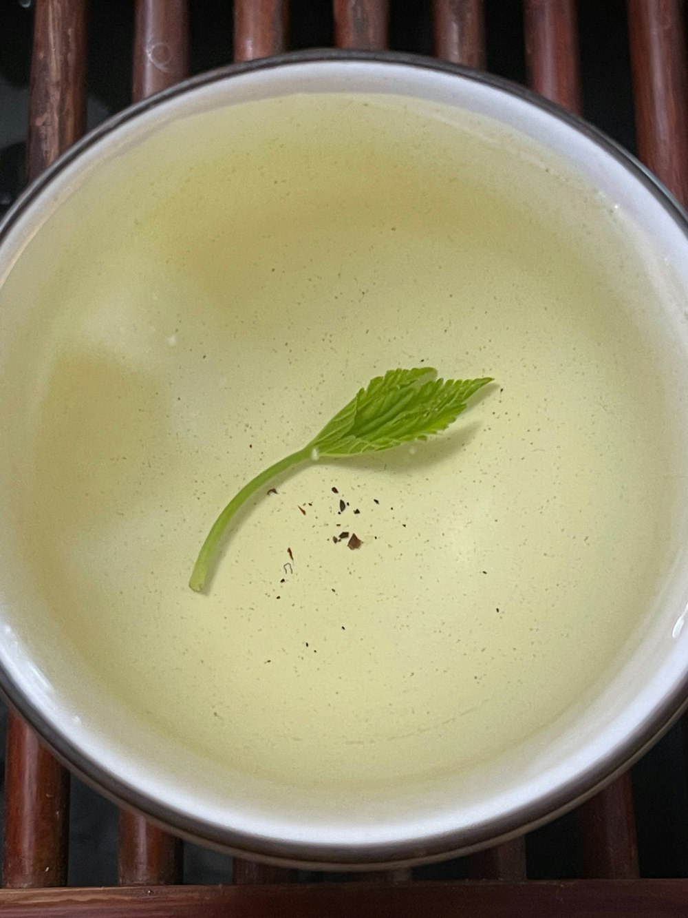 a white bowl filled with liquid and a green leaf