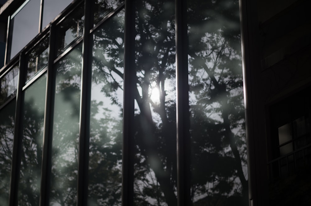 a tall building with lots of windows and trees in front of it