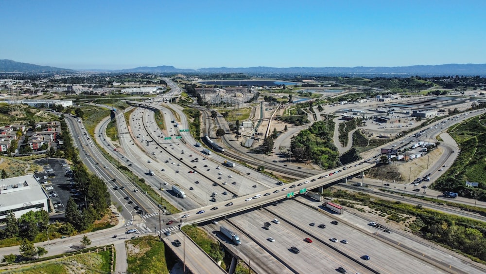 an aerial view of a busy highway intersection