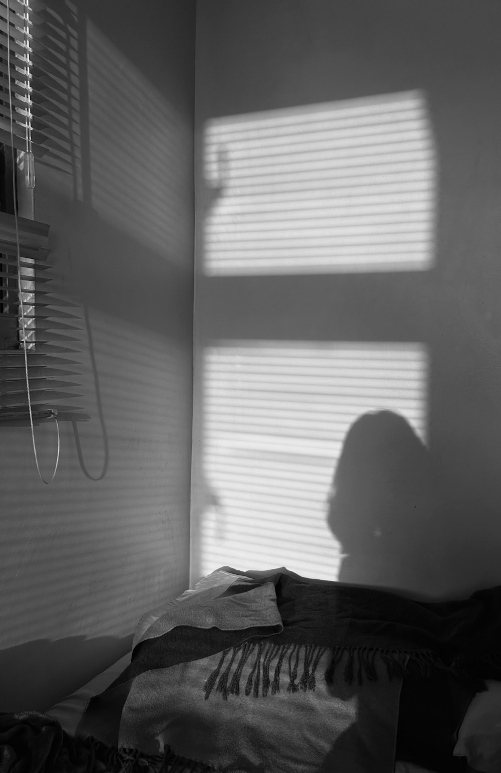 a shadow of a person in a bedroom