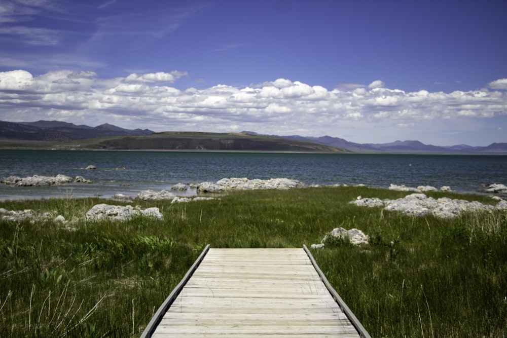 a wooden walkway leading to a body of water