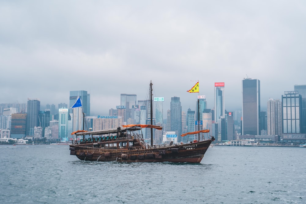 a boat in the water with a city in the background