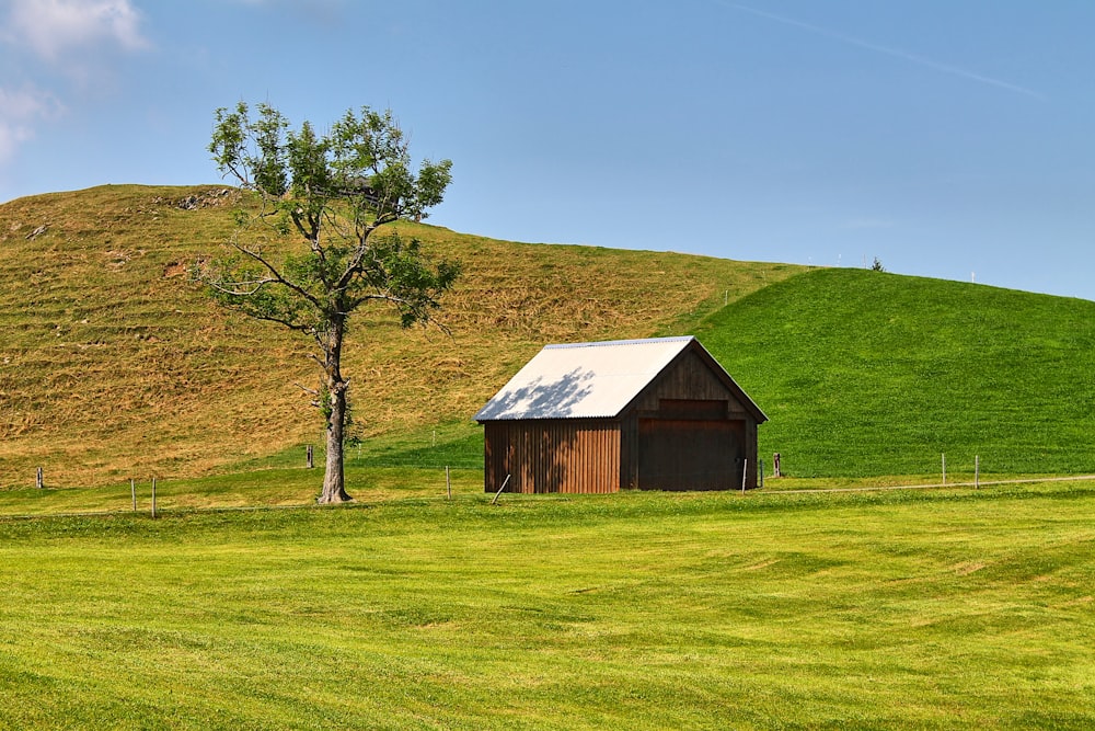 a barn in the middle of a grassy field