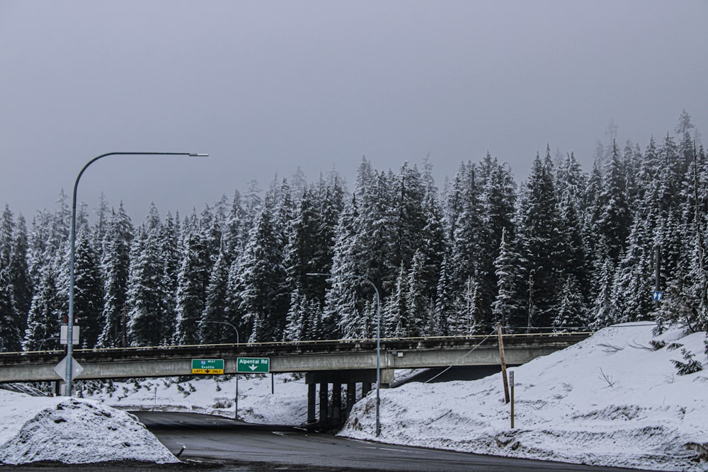 a bridge over a road with snow on the ground