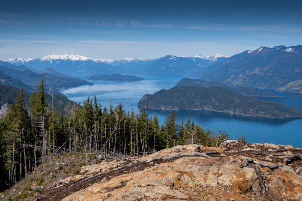 a scenic view of a lake surrounded by mountains