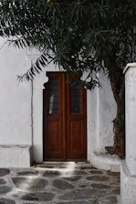a door is open in front of a tree