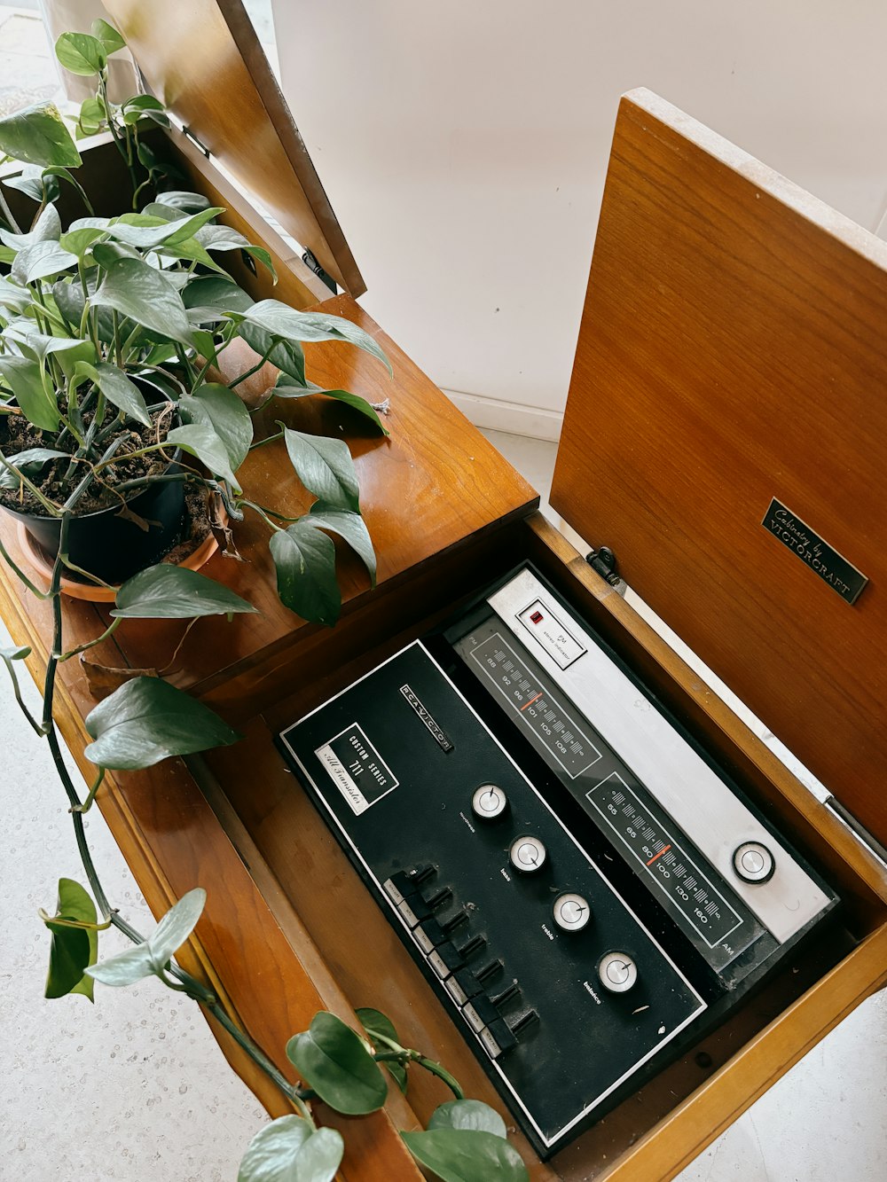 a table with a radio and a plant on top of it