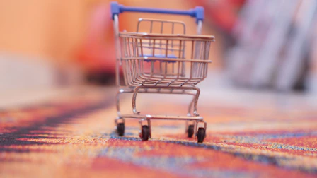 a miniature shopping cart sitting on top of a rug