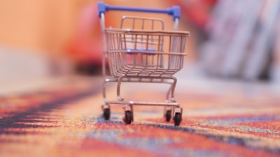 a miniature shopping cart sitting on top of a rug