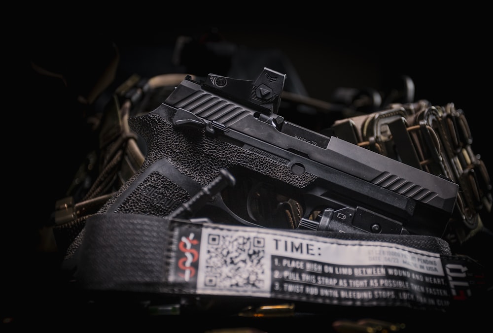 a close up of a gun on a table