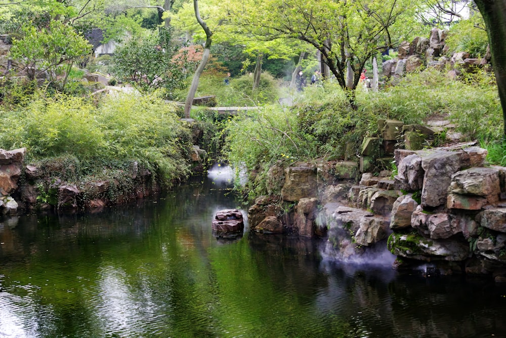 a small pond surrounded by rocks and trees