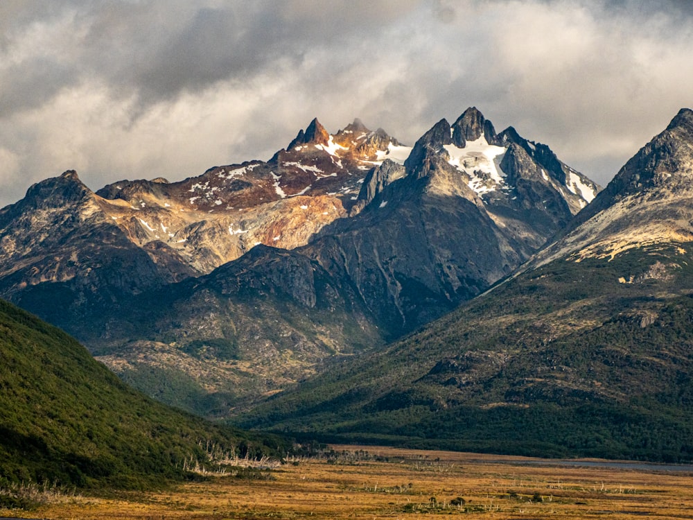 the mountains are covered in snow and brown grass